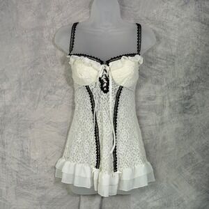 Vtg 90s Y2k White Lace Babydoll Chemise Ruffle lace up Sz M Coquette sheer